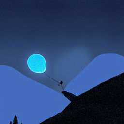 A cartoon character dressed in black attire ascends a mountain, holding a luminous blue magical balloon.