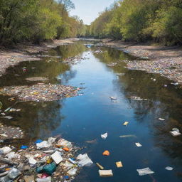 A vivid river scene with sadly, unwanted debris and garbage floating noticeably in its clear, sparkling water.