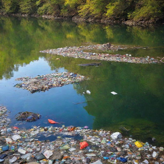 A vivid river scene with sadly, unwanted debris and garbage floating noticeably in its clear, sparkling water.