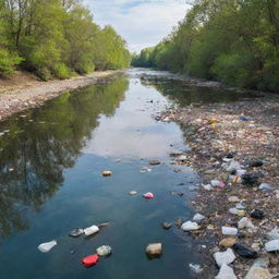 A vivid river scene with sadly, unwanted debris and garbage floating noticeably in its clear, sparkling water.