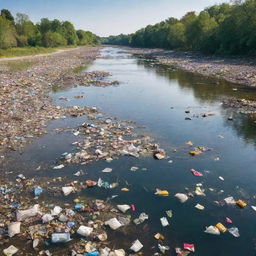 A vivid river scene with sadly, unwanted debris and garbage floating noticeably in its clear, sparkling water.