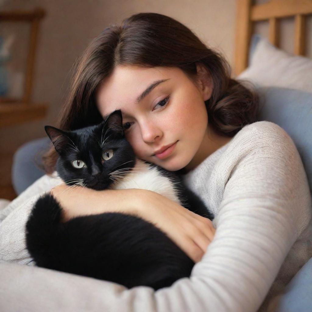 A Disney Pixar style image featuring a cozy scene of a brunette girl cuddling with her black and white cat