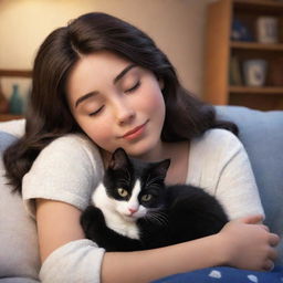 A Disney Pixar style image featuring a cozy scene of a brunette girl cuddling with her black and white cat