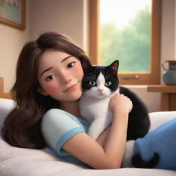 A Disney Pixar style image featuring a cozy scene of a brunette girl cuddling with her black and white cat