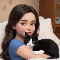 A Disney Pixar style image featuring a cozy scene of a brunette girl cuddling with her black and white cat