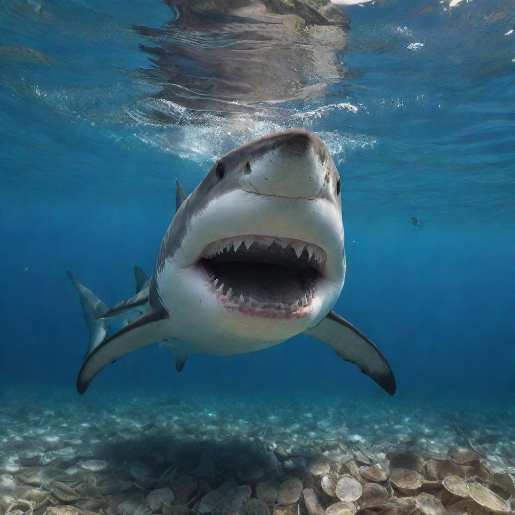 A dynamic underwater scene where a large, carnivorous shark exhibits an unconventional behavior: happily eating grains of rice suspended in crystalline waters.