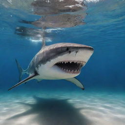 A dynamic underwater scene where a large, carnivorous shark exhibits an unconventional behavior: happily eating grains of rice suspended in crystalline waters.