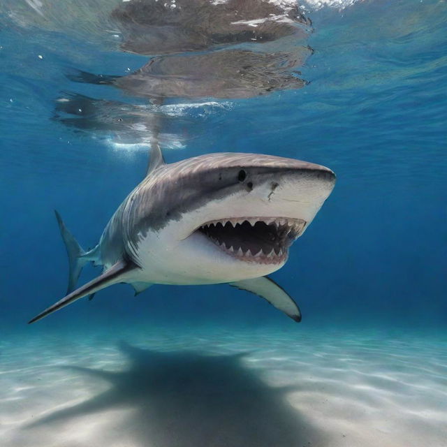 A dynamic underwater scene where a large, carnivorous shark exhibits an unconventional behavior: happily eating grains of rice suspended in crystalline waters.