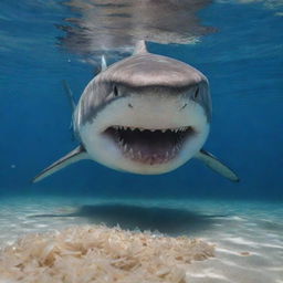 A dynamic underwater scene where a large, carnivorous shark exhibits an unconventional behavior: happily eating grains of rice suspended in crystalline waters.