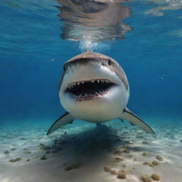 A dynamic underwater scene where a large, carnivorous shark exhibits an unconventional behavior: happily eating grains of rice suspended in crystalline waters.