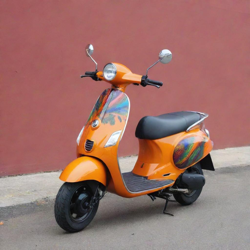 A sleek and stylish scooter with a vibrant and unique paint design. The colors should be intense and the design should be exceptional and modern.