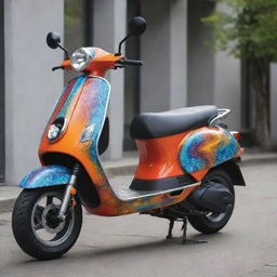 A sleek and stylish scooter with a vibrant and unique paint design. The colors should be intense and the design should be exceptional and modern.