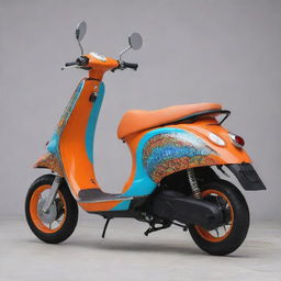 A sleek and stylish scooter with a vibrant and unique paint design. The colors should be intense and the design should be exceptional and modern.