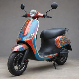 A sleek and stylish scooter with a vibrant and unique paint design. The colors should be intense and the design should be exceptional and modern.