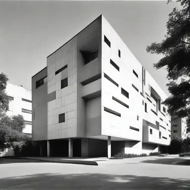 The modernist building incorporated elements of semi-abstraction, fusing geometric shapes and abstract forms into its design.