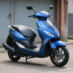 A Yamaha Smax scooter in matte blue, styled with a unique Yakuza-based design. Immerse the scooter with intricate tattoo-like motifs, oriental symbols, and traditional Japanese designs.