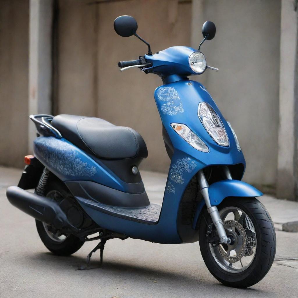 A Yamaha Smax scooter in matte blue, styled with a unique Yakuza-based design. Immerse the scooter with intricate tattoo-like motifs, oriental symbols, and traditional Japanese designs.