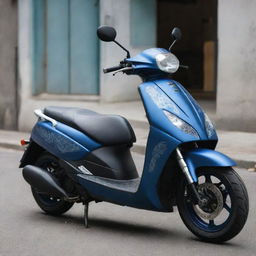 A Yamaha Smax scooter in matte blue, styled with a unique Yakuza-based design. Immerse the scooter with intricate tattoo-like motifs, oriental symbols, and traditional Japanese designs.