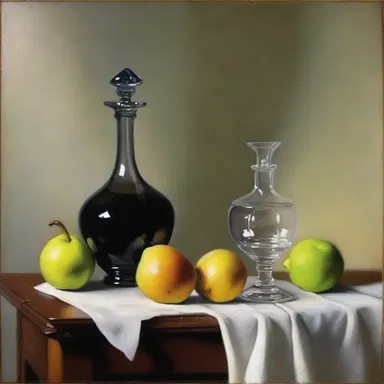 The still-life painting featured a beautifully crafted decanter on a table, evoking a sense of elegance and abundance.