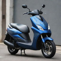 A Yamaha Smax scooter in matte blue, styled with a unique Yakuza-based design. Immerse the scooter with intricate tattoo-like motifs, oriental symbols, and traditional Japanese designs.