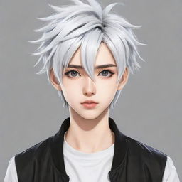 Create a detailed, modern manga-style character exuding coolness, with trendy attire, engaging eye expressions, and signature hairstyle. The character background remains white to emphasize the character detailing.