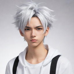 Create a detailed, modern manga-style character exuding coolness, with trendy attire, engaging eye expressions, and signature hairstyle. The character background remains white to emphasize the character detailing.