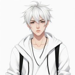 Create a detailed, modern manga-style character exuding coolness, with trendy attire, engaging eye expressions, and signature hairstyle. The character background remains white to emphasize the character detailing.