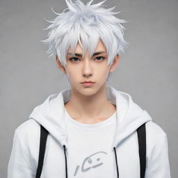 Create a detailed, modern manga-style character exuding coolness, with trendy attire, engaging eye expressions, and signature hairstyle. The character background remains white to emphasize the character detailing.