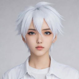 Generate a trendy anime character designed for manga, with expressive eyes, a signature hairstyle, and fashionable attire. The backdrop is pure white to bring out the character's details.