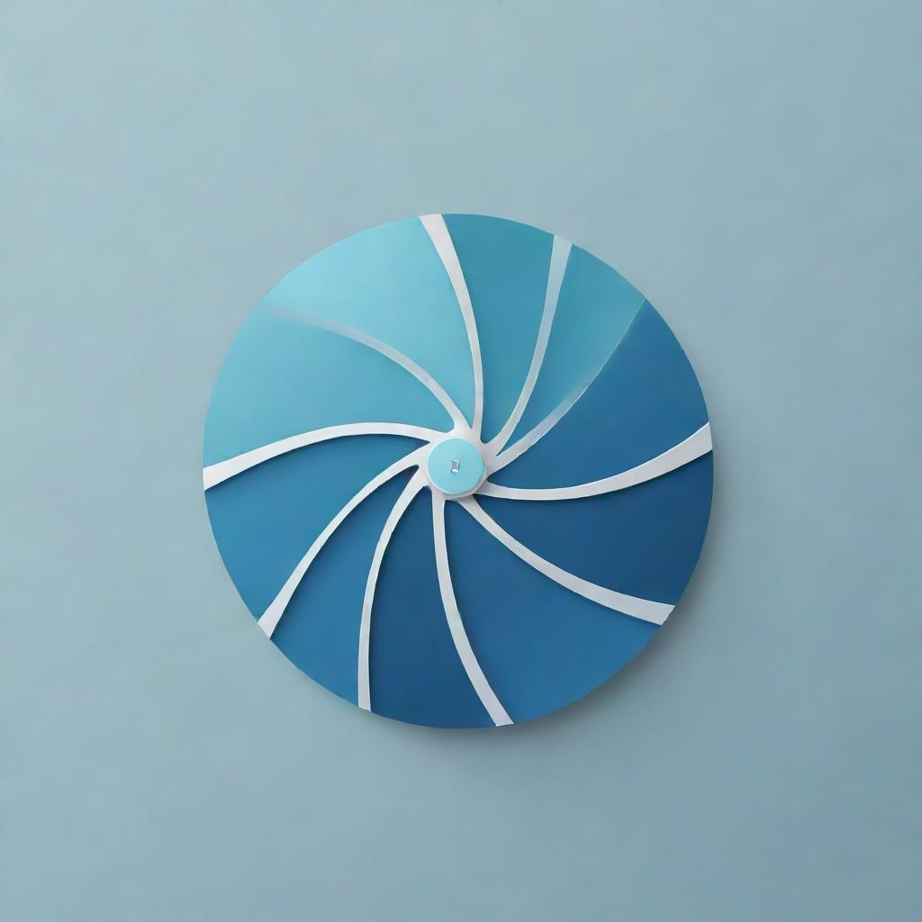 The logo of a sophisticated and modern fan company, incorporating elements of wind and technology, rendered in a cool color palette