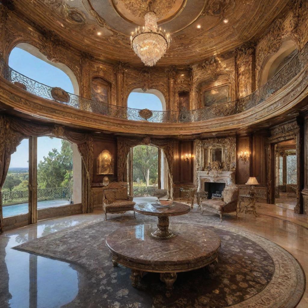 A grand, opulent house designed with elements of the entire universe, displaying extraordinary worth of 1 trillion dollars