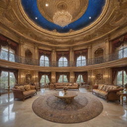 A grand, opulent house designed with elements of the entire universe, displaying extraordinary worth of 1 trillion dollars