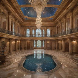 A grand, opulent house designed with elements of the entire universe, displaying extraordinary worth of 1 trillion dollars