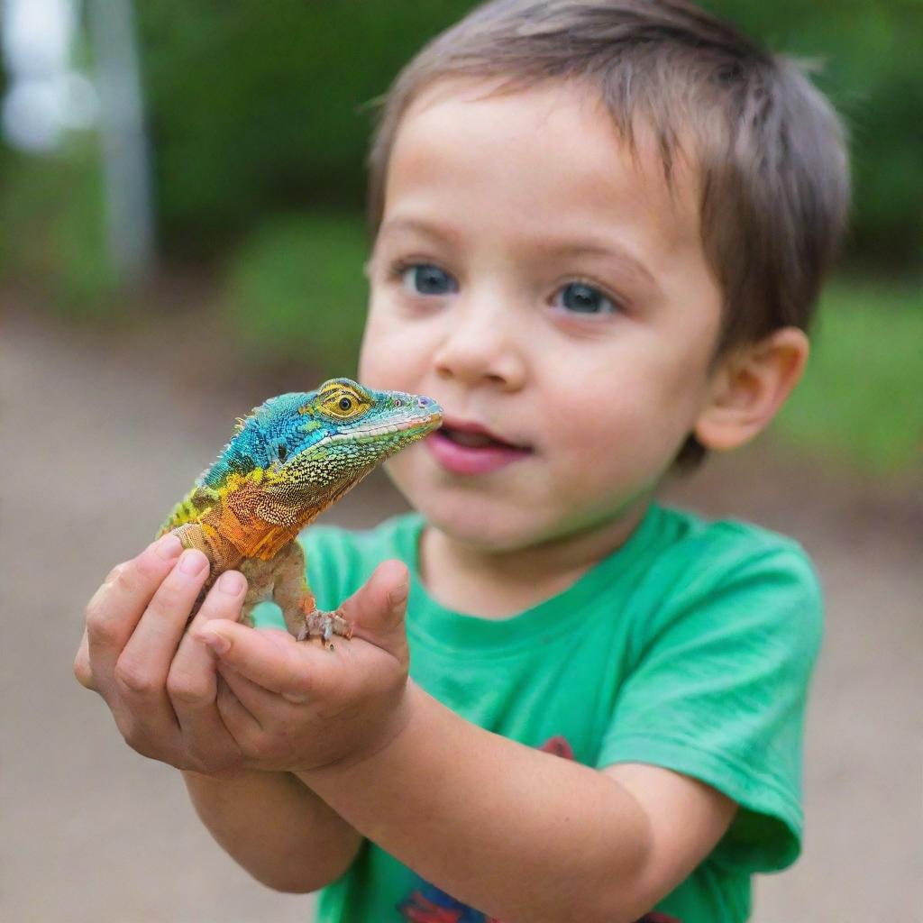 A child gently holding a colorful, exotic lizard in his hands, both displaying an expression of curiosity and delight.