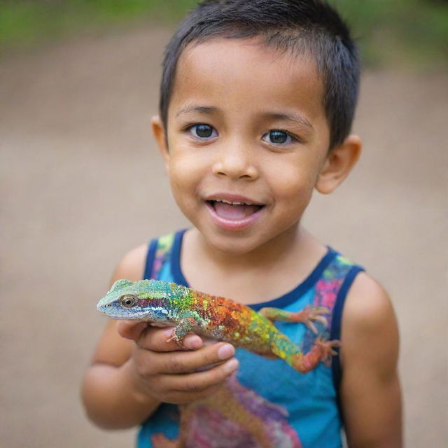 A child gently holding a colorful, exotic lizard in his hands, both displaying an expression of curiosity and delight.