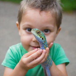 A child gently holding a colorful, exotic lizard in his hands, both displaying an expression of curiosity and delight.