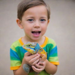 A child gently holding a colorful, exotic lizard in his hands, both displaying an expression of curiosity and delight.