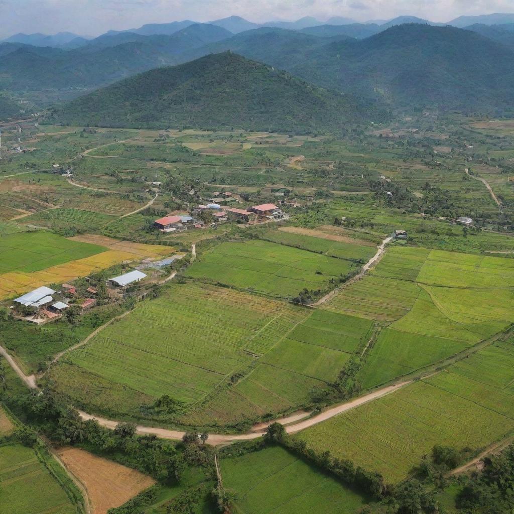 An expansive view of an agro-tourism scene with an integrated farming village, displaying a harmonious blend of natural beauty and sustainable agriculture all in one place.