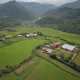 An expansive view of an agro-tourism scene with an integrated farming village, displaying a harmonious blend of natural beauty and sustainable agriculture all in one place.