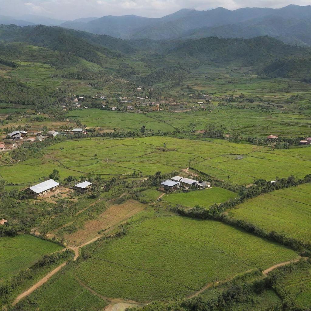 An expansive view of an agro-tourism scene with an integrated farming village, displaying a harmonious blend of natural beauty and sustainable agriculture all in one place.