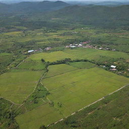 An expansive view of an agro-tourism scene with an integrated farming village, displaying a harmonious blend of natural beauty and sustainable agriculture all in one place.