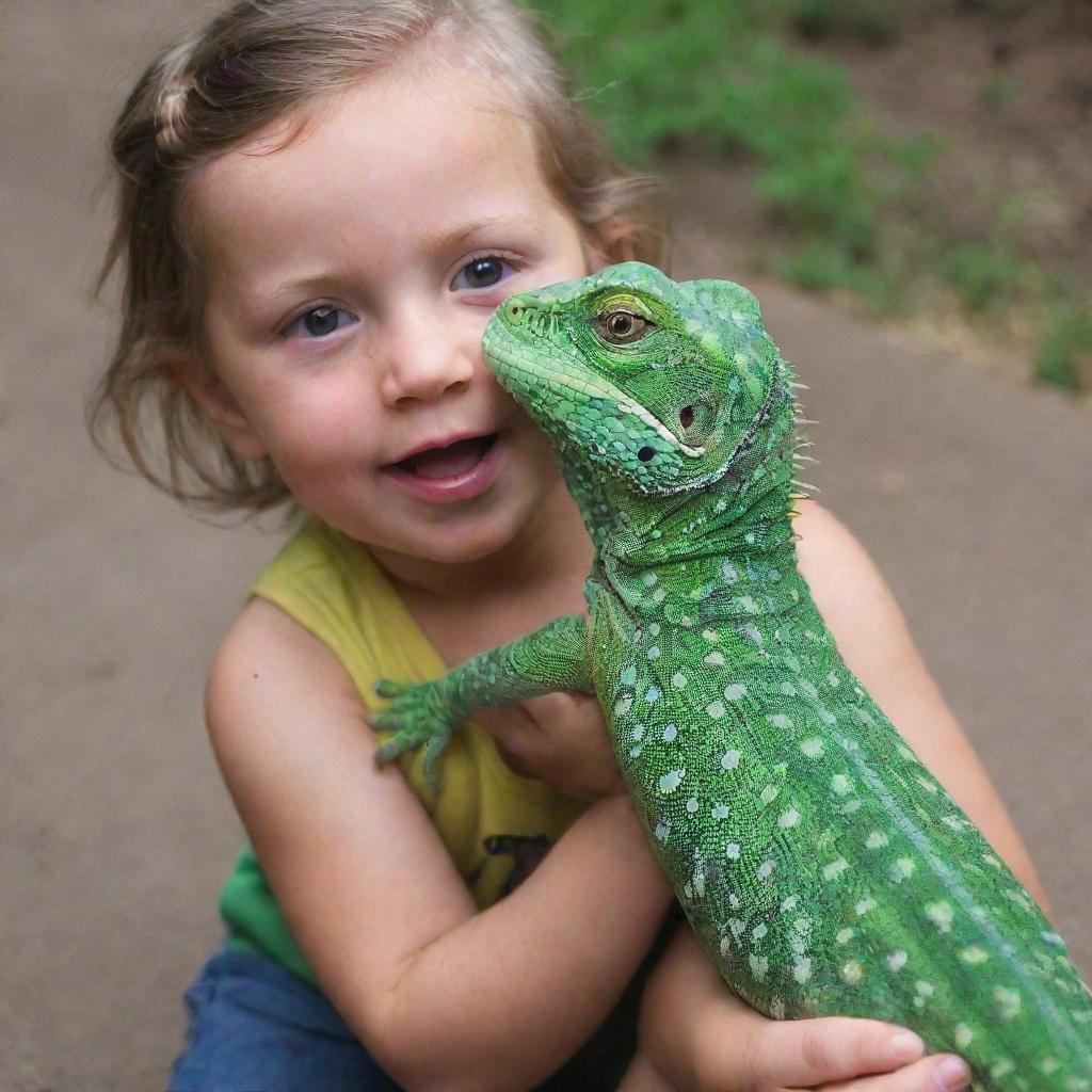 The same child now holds a significantly larger, exotic lizard, which has grown in size, still keeping their expressions of curiosity and delight.