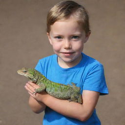 The same child now holds a significantly larger, exotic lizard, which has grown in size, still keeping their expressions of curiosity and delight.