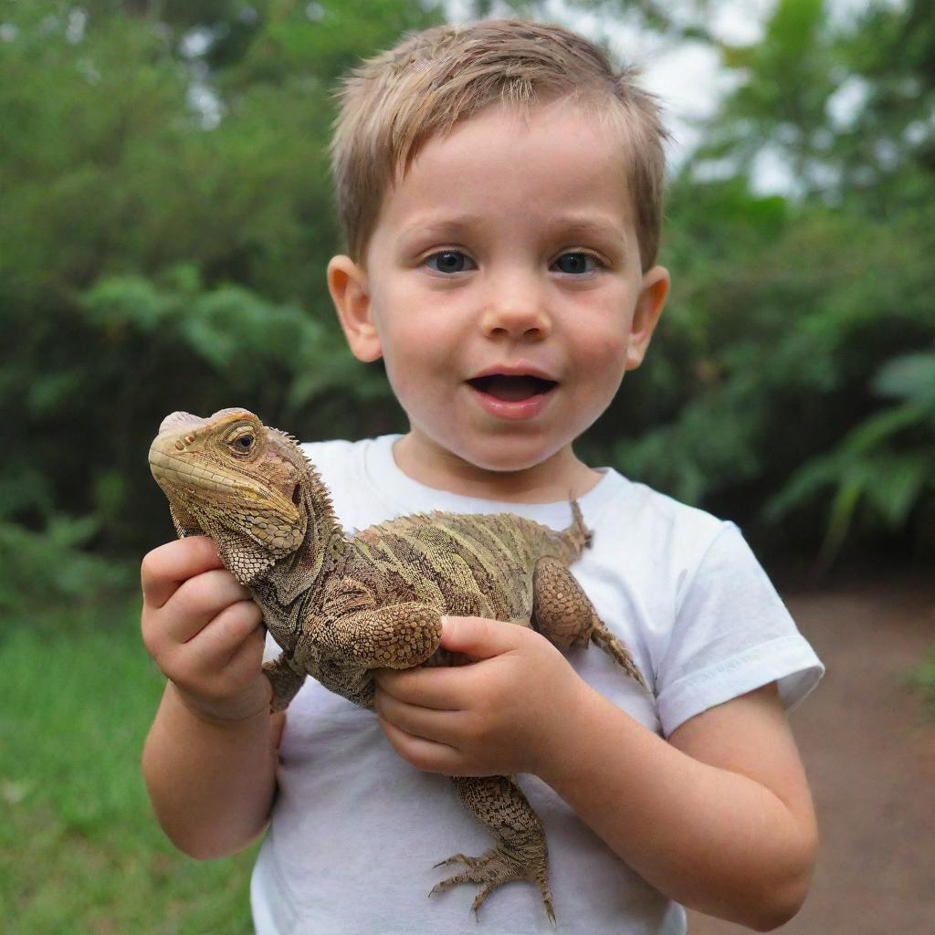 The same child now holds a significantly larger, exotic lizard, which has grown in size, still keeping their expressions of curiosity and delight.