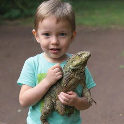 The same child now holds a significantly larger, exotic lizard, which has grown in size, still keeping their expressions of curiosity and delight.