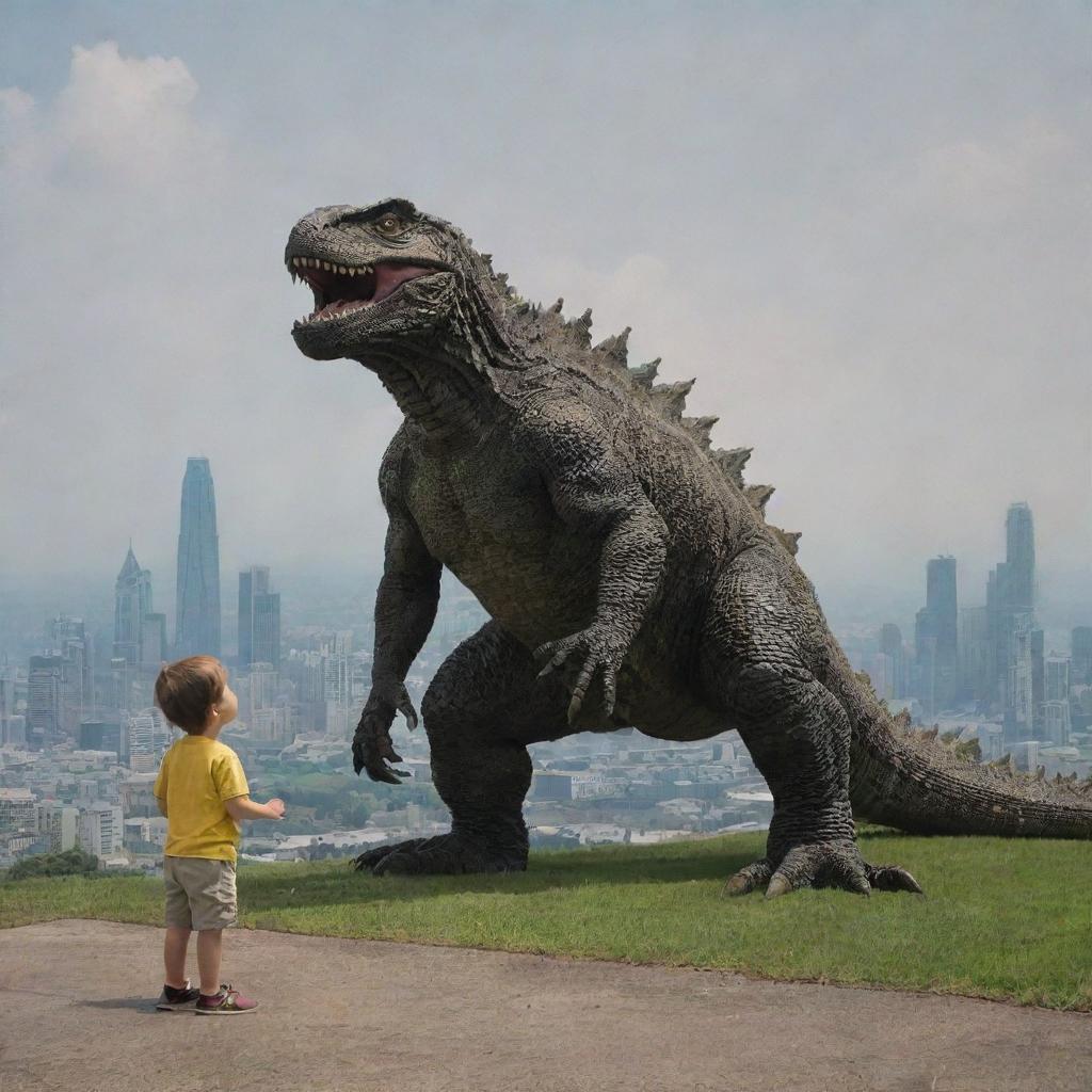 The child now stands in awe at the base of the gargantuan lizard, which has now grown to the size of Godzilla, towering over the cityscape behind them.