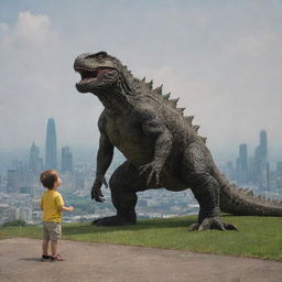 The child now stands in awe at the base of the gargantuan lizard, which has now grown to the size of Godzilla, towering over the cityscape behind them.