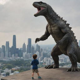 The child now stands in awe at the base of the gargantuan lizard, which has now grown to the size of Godzilla, towering over the cityscape behind them.