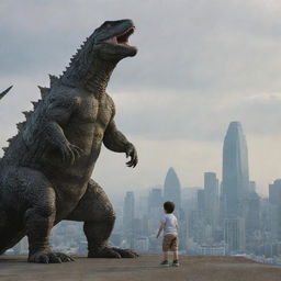 The child now stands in awe at the base of the gargantuan lizard, which has now grown to the size of Godzilla, towering over the cityscape behind them.