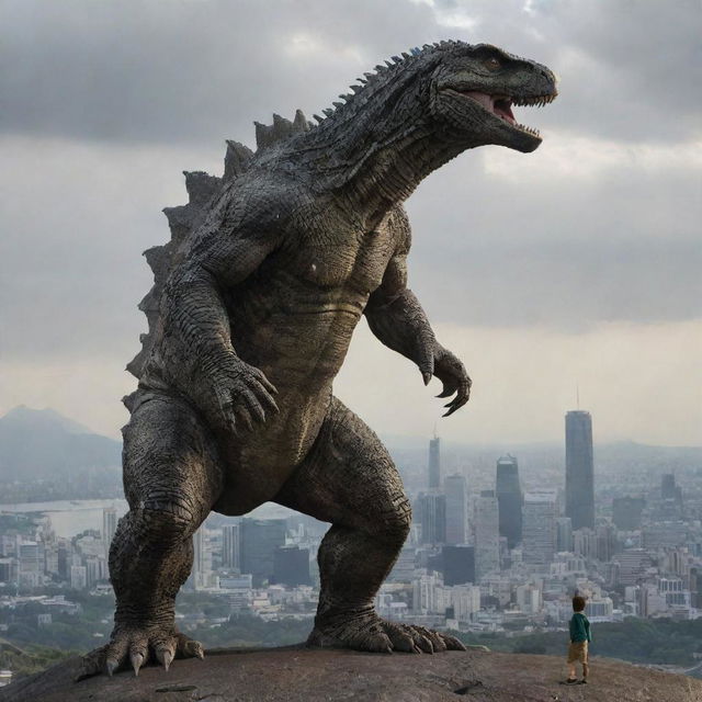 The child now stands in awe at the base of the gargantuan lizard, which has now grown to the size of Godzilla, towering over the cityscape behind them.